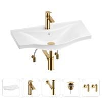 Раковина для ванной Wellsee Bisou 201005328 в наборе 5 в 1: раковина белого глянцевого цвета, смеситель, сифон, донный клапан, угловые вентили (цвет набора золото)