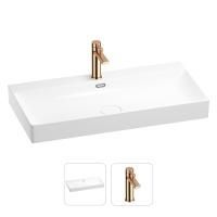 Раковина для ванной Wellsee Bromance 201000974 в наборе 2 в 1: прямоугольная раковина белого глянцевого цвета, смеситель в цвете розовое золото