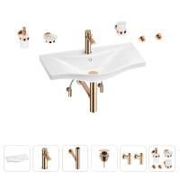 Раковина для ванной Wellsee Bisou 201007379 в наборе 9 в 1: раковина белого глянцевого цвета, смеситель, сифон, донный клапан, угловые вентили, аксессуары (цвет набора розовое золото)
