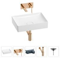 Раковина для ванной Wellsee Pure BY Wellsee 201002619 в наборе 4 в 1: раковина белого глянцевого цвета, встраиваемый смеситель, сифон, выпуск (цвет набора розовое золото)