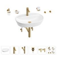 Раковина для ванной Wellsee Calin 201005603 в наборе 9 в 1: раковина белого глянцевого цвета, смеситель, сифон, донный клапан, угловые вентили, аксессуары (цвет набора золото)