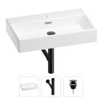 Раковина для ванной Wellsee Graceful Pro 201001362 в наборе 3 в 1: прямоугольная раковина белого глянцевого цвета, сифон, донный клапан в цвете матовый черный