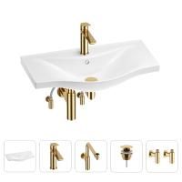 Раковина для ванной Wellsee Bisou 201005318 в наборе 5 в 1: раковина белого глянцевого цвета, смеситель, сифон, донный клапан, угловые вентили (цвет набора золото)