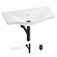 Раковина для ванной Wellsee Bisou 201001712 в наборе 3 в 1: полукруглая раковина белого глянцевого цвета, сифон, донный клапан в цвете матовый черный