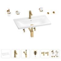 Раковина для ванной Wellsee FreeDom 201007068 в наборе 9 в 1: раковина белого глянцевого цвета, смеситель, сифон, донный клапан, угловые вентили, аксессуары (цвет набора золото)