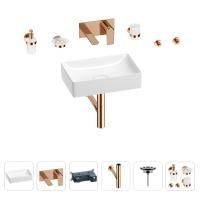 Раковина для ванной Wellsee Pure BY Wellsee 201006314 в наборе 8 в 1: раковина белого глянцевого цвета, встраиваемый смеситель, сифон, выпуск, аксессуары (цвет набора розовое золото)