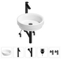 Раковина для ванной Wellsee Doux 201004222 в наборе 5 в 1: раковина белого глянцевого цвета, высокий смеситель, сифон, донный клапан, угловые вентили (цвет набора матовый черный)