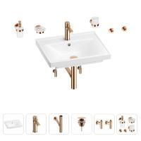 Раковина для ванной Wellsee FreeDom 201006929 в наборе 9 в 1: раковина белого глянцевого цвета, смеситель, сифон, донный клапан, угловые вентили, аксессуары (цвет набора розовое золото)