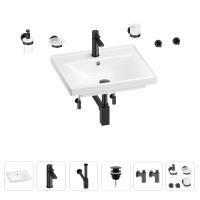 Раковина для ванной Wellsee FreeDom 201006917 в наборе 9 в 1: раковина белого глянцевого цвета, смеситель, сифон, донный клапан, угловые вентили, аксессуары (цвет набора матовый черный)