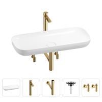 Раковина для ванной Wellsee Croquis 201004023 в наборе 5 в 1: раковина белого глянцевого цвета, высокий смеситель, сифон, выпуск, угловые вентили (цвет набора золото)