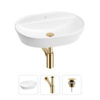Раковина для ванной Wellsee Calin 201000978 в наборе 3 в 1: овальная раковина белого глянцевого цвета, сифон, донный клапан в цвете золото