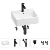 Раковина для ванной Wellsee Graceful Pro 201004577 в наборе 5 в 1: раковина белого глянцевого цвета, смеситель, сифон, донный клапан, угловые вентили (цвет набора матовый черный)
