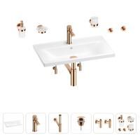 Раковина для ванной Wellsee FreeDom 201007039 в наборе 9 в 1: раковина белого глянцевого цвета, смеситель, сифон, донный клапан, угловые вентили, аксессуары (цвет набора розовое золото)