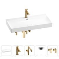 Раковина для ванной Wellsee Bromance 201005568 в наборе 5 в 1: раковина белого глянцевого цвета, смеситель, сифон, выпуск, угловые вентили (цвет набора золото)