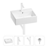 Раковина для ванной Wellsee Graceful Pro 201002930 в наборе 4 в 1: раковина белого глянцевого цвета, смеситель, сифон, донный клапан (цвет набора матовый белый)