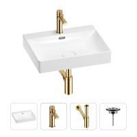 Раковина для ванной Wellsee DeSire 201003808 в наборе 4 в 1: раковина белого глянцевого цвета, смеситель, сифон, выпуск (цвет набора золото)