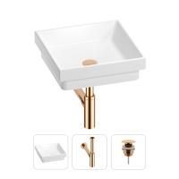Раковина для ванной Wellsee Doux 201001119 в наборе 3 в 1: квадратная раковина белого глянцевого цвета, сифон, донный клапан в цвете розовое золото