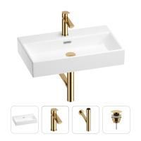 Раковина для ванной Wellsee Graceful Pro 201002973 в наборе 4 в 1: раковина белого глянцевого цвета, смеситель, сифон, донный клапан (цвет набора золото)