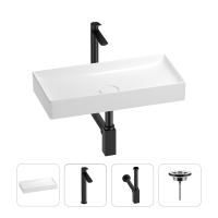 Раковина для ванной Wellsee Pure BY Wellsee 201002722 в наборе 4 в 1: раковина белого глянцевого цвета, высокий смеситель, сифон, выпуск (цвет набора матовый черный)
