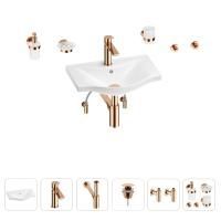 Раковина для ванной Wellsee Bisou 201007104 в наборе 9 в 1: раковина белого глянцевого цвета, смеситель, сифон, донный клапан, угловые вентили, аксессуары (цвет набора розовое золото)