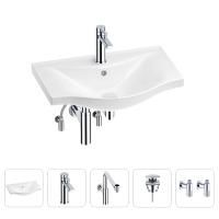 Раковина для ванной Wellsee Bisou 201005221 в наборе 5 в 1: раковина белого глянцевого цвета, смеситель, сифон, донный клапан, угловые вентили (цвет набора хром)