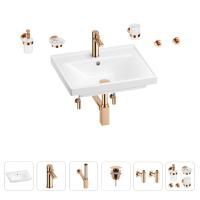 Раковина для ванной Wellsee FreeDom 201006919 в наборе 9 в 1: раковина белого глянцевого цвета, смеситель, сифон, донный клапан, угловые вентили, аксессуары (цвет набора розовое золото)