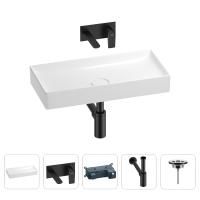 Раковина для ванной Wellsee Pure BY Wellsee 201002712 в наборе 4 в 1: раковина белого глянцевого цвета, встраиваемый смеситель, сифон, выпуск (цвет набора матовый черный)