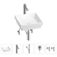Раковина для ванной Wellsee Doux 201004186 в наборе 5 в 1: раковина белого глянцевого цвета, высокий смеситель, сифон, донный клапан, угловые вентили (цвет набора хром)