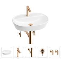 Раковина для ванной Wellsee Calin 201003929 в наборе 5 в 1: раковина белого глянцевого цвета, смеситель, сифон, донный клапан, угловые вентили (цвет набора розовое золото)