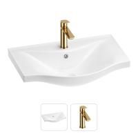 Раковина для ванной Wellsee Bisou 201000908 в наборе 2 в 1: полукруглая раковина белого глянцевого цвета, смеситель в цвете золото
