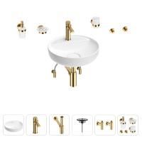 Раковина для ванной Wellsee Chalice Perfection 201006233 в наборе 9 в 1: раковина белого глянцевого цвета, смеситель, сифон, выпуск, угловые вентили, аксессуары (цвет набора золото)