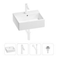 Раковина для ванной Wellsee Graceful Pro 201002910 в наборе 4 в 1: раковина белого глянцевого цвета, смеситель, сифон, донный клапан (цвет набора матовый белый)