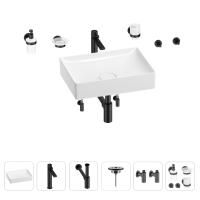 Раковина для ванной Wellsee Pure BY Wellsee 201006357 в наборе 9 в 1: раковина белого глянцевого цвета, высокий смеситель, сифон, выпуск, угловые вентили, аксессуары (цвет матовый черный)