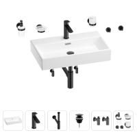Раковина для ванной Wellsee Graceful Pro 201006732 в наборе 9 в 1: раковина белого глянцевого цвета, смеситель, сифон, донный клапан, угловые вентили, аксессуары (цвет набора матовый черный)
