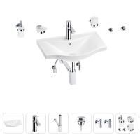 Раковина для ванной Wellsee Bisou 201007211 в наборе 9 в 1: раковина белого глянцевого цвета, смеситель, сифон, донный клапан, угловые вентили, аксессуары (цвет набора хром)
