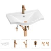 Раковина для ванной Wellsee Bisou 201005244 в наборе 5 в 1: раковина белого глянцевого цвета, смеситель, сифон, донный клапан, угловые вентили (цвет набора розовое золото)