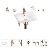 Раковина для ванной Wellsee FreeDom 201006804 в наборе 9 в 1: раковина белого глянцевого цвета, смеситель, сифон, донный клапан, угловые вентили, аксессуары (цвет набора розовое золото)
