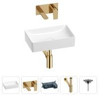 Раковина для ванной Wellsee Pure BY Wellsee 201002533 в наборе 4 в 1: раковина белого глянцевого цвета, встраиваемый смеситель, сифон, выпуск (цвет набора золото)