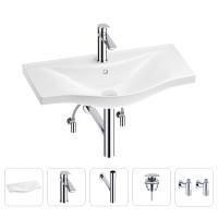 Раковина для ванной Wellsee Bisou 201005346 в наборе 5 в 1: раковина белого глянцевого цвета, смеситель, сифон, донный клапан, угловые вентили (цвет набора хром)