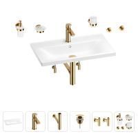 Раковина для ванной Wellsee FreeDom 201007073 в наборе 9 в 1: раковина белого глянцевого цвета, смеситель, сифон, донный клапан, угловые вентили, аксессуары (цвет набора золото)