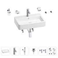 Раковина для ванной Wellsee Halcyon 201006561 в наборе 9 в 1: раковина белого глянцевого цвета, смеситель, сифон, донный клапан, угловые вентили, аксессуары (цвет набора хром)