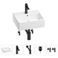 Раковина для ванной Wellsee Graceful Pro 201004582 в наборе 5 в 1: раковина белого глянцевого цвета, смеситель, сифон, донный клапан, угловые вентили (цвет набора матовый черный)