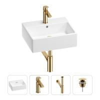 Раковина для ванной Wellsee Graceful Pro 201002933 в наборе 4 в 1: раковина белого глянцевого цвета, смеситель, сифон, донный клапан (цвет набора золото)