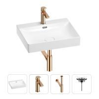 Раковина для ванной Wellsee DeSire 201003834 в наборе 4 в 1: раковина белого глянцевого цвета, смеситель, сифон, выпуск (цвет набора розовое золото)