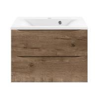 Тумба Vincea Mia 650 подвесная, 2 выкатных ящика soft close, V.Oak с умывальником VCB-3M650W из искусственного камня, цвет белый