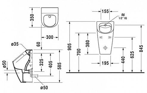 Писсуар Duravit ME By Starck Rimless 2809300000, подача воды сзади