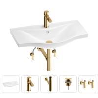Раковина для ванной Wellsee Bisou 201005348 в наборе 5 в 1: раковина белого глянцевого цвета, смеситель, сифон, донный клапан, угловые вентили (цвет набора золото)