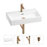 Раковина для ванной Wellsee Graceful Pro 201002974 в наборе 4 в 1: раковина белого глянцевого цвета, смеситель, сифон, донный клапан (цвет набора розовое золото)
