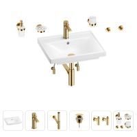 Раковина для ванной Wellsee FreeDom 201006888 в наборе 9 в 1: раковина белого глянцевого цвета, смеситель, сифон, донный клапан, угловые вентили, аксессуары (цвет набора золото)