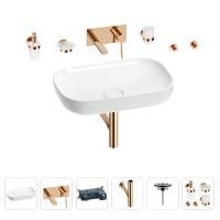 Раковина для ванной Wellsee Croquis 201005684 в наборе 8 в 1: раковина белого глянцевого цвета, встраиваемый смеситель, сифон, выпуск, аксессуары (цвет набора розовое золото)